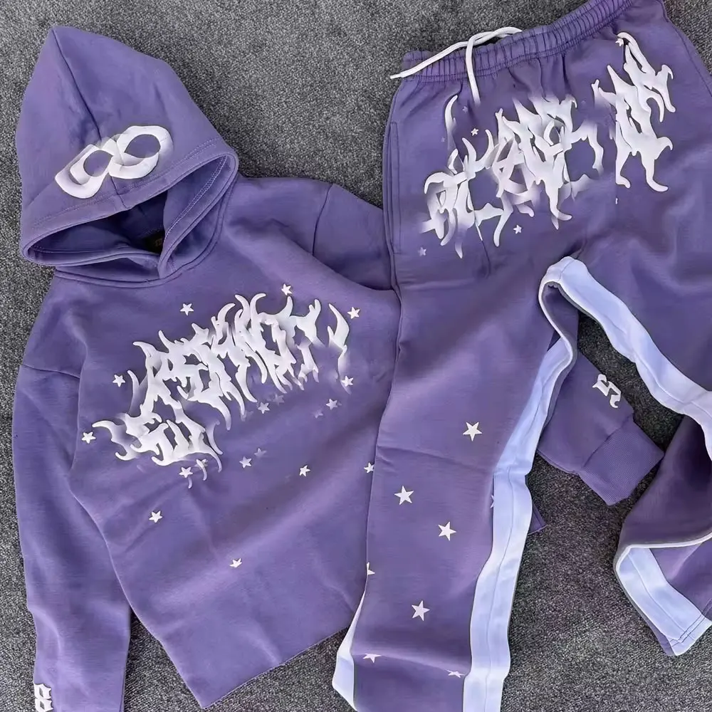 Y2k Style Custom Cropped Hoodie Men Vintage No String Saint Lined Pullover Cut And Sew Hoodies Flared Sweatpants And Hoodie Set