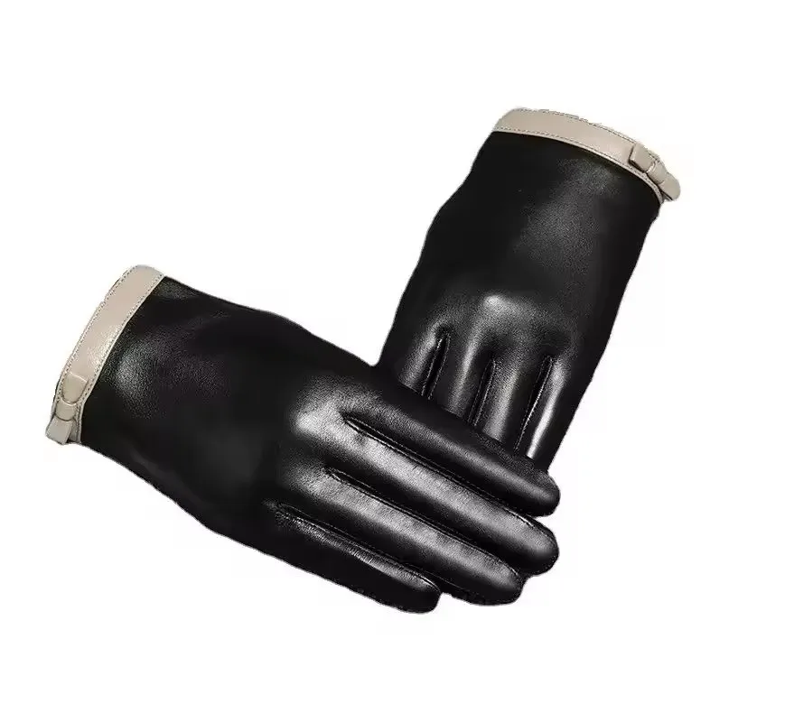Black Women Winter Driving Wool Lining Genuine Lambskin Leather Gloves For Ladies
