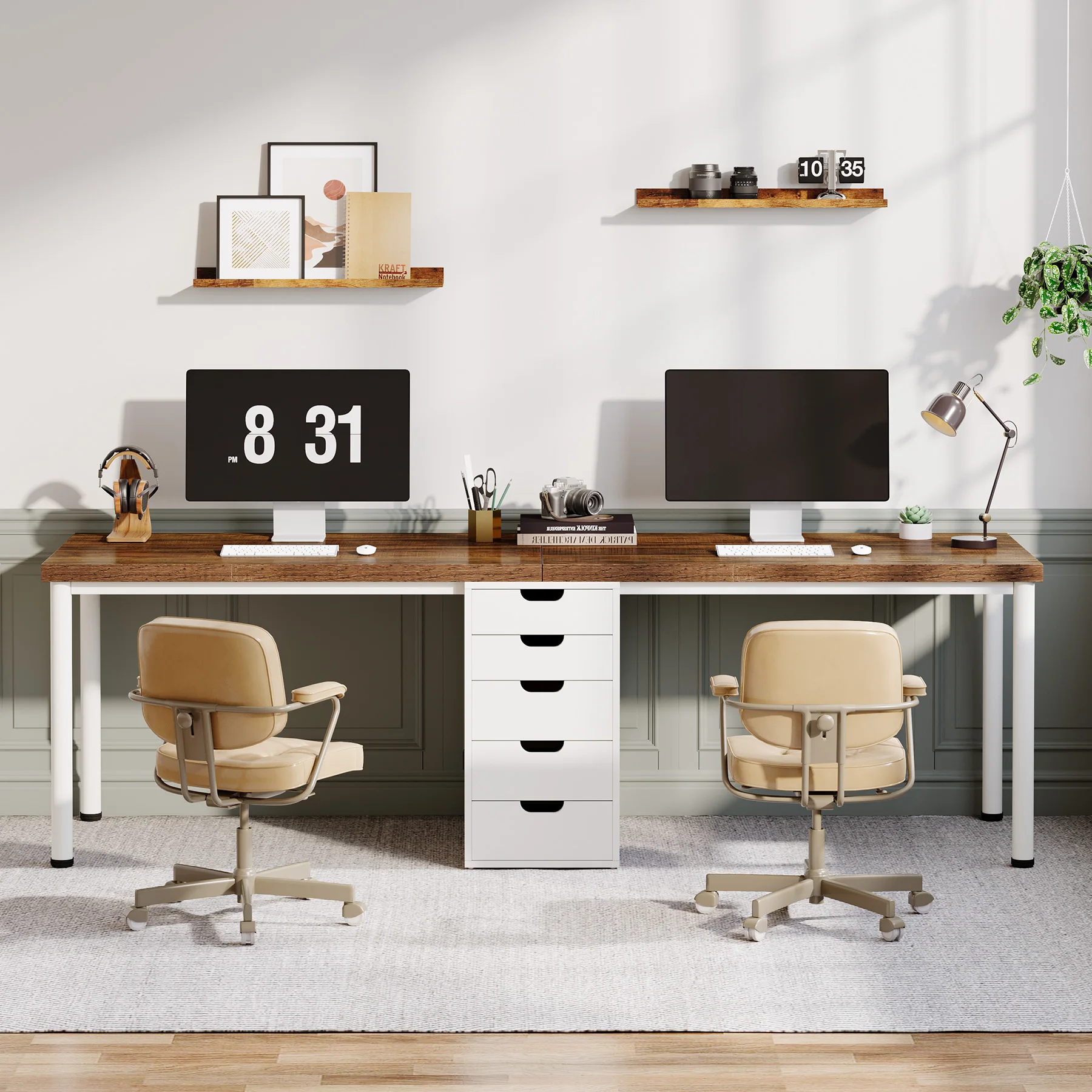 Tribesigns Two Person Computer Desk with 5 Drawers Study Writing Table Workstation Modern Simple Double Computer Desk