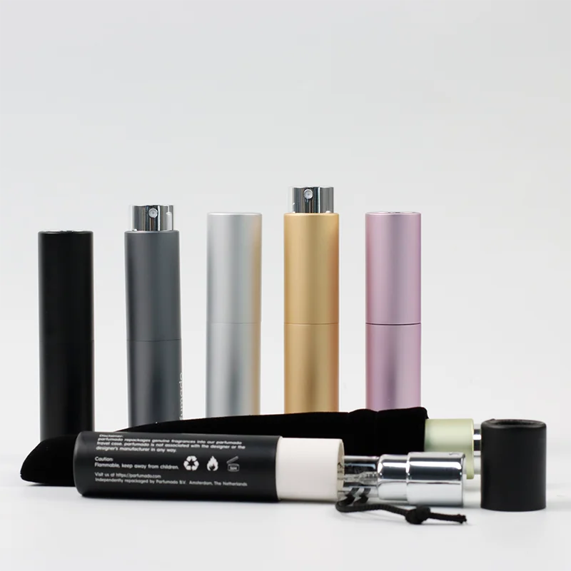 custom 5ml 8ml 10ml 20ml perfume bottle with gift box packaging  refillable metal aluminum  twist up atomizer  bottle
