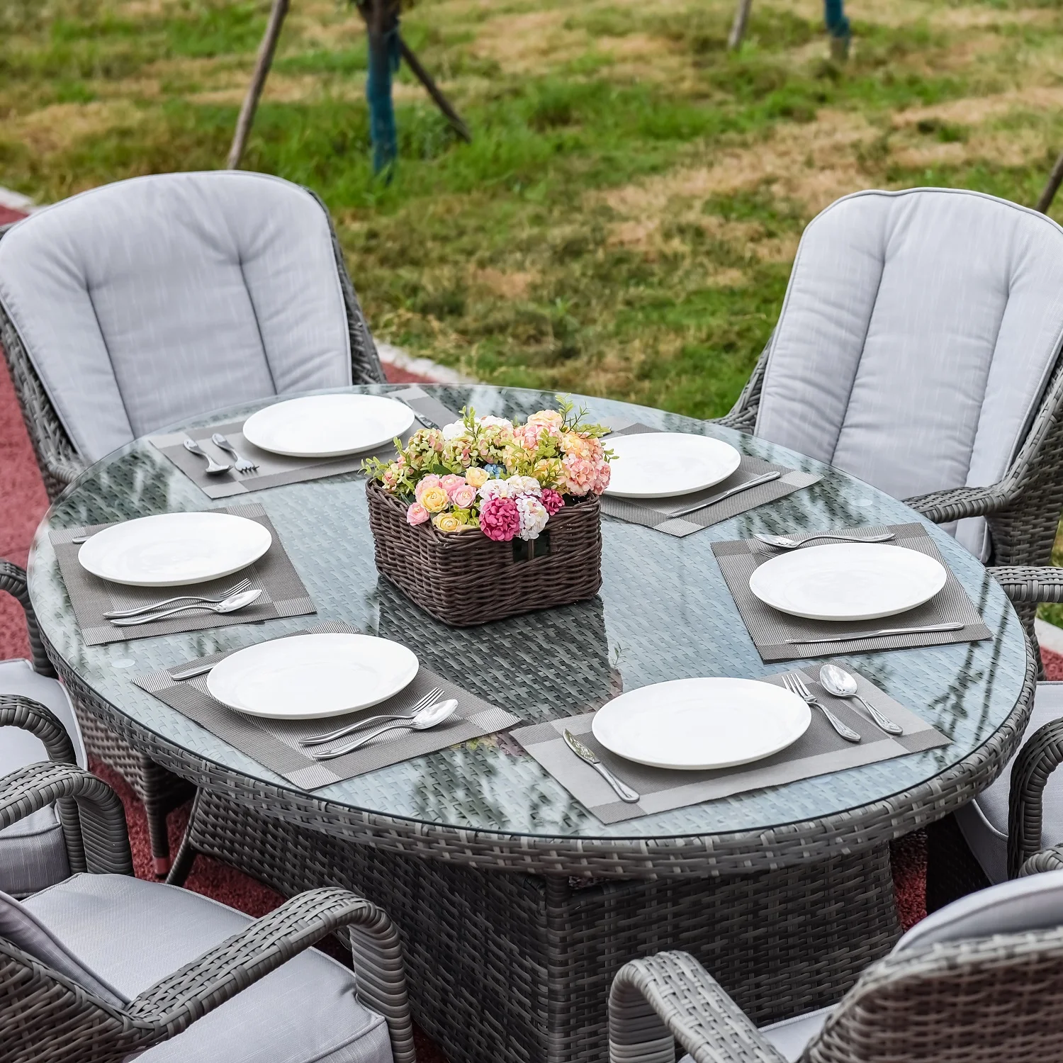Outdoor Furniture Rattan 6 Chairs and 1 Table rattan woven rope wood Dining reclining Set for outdoors