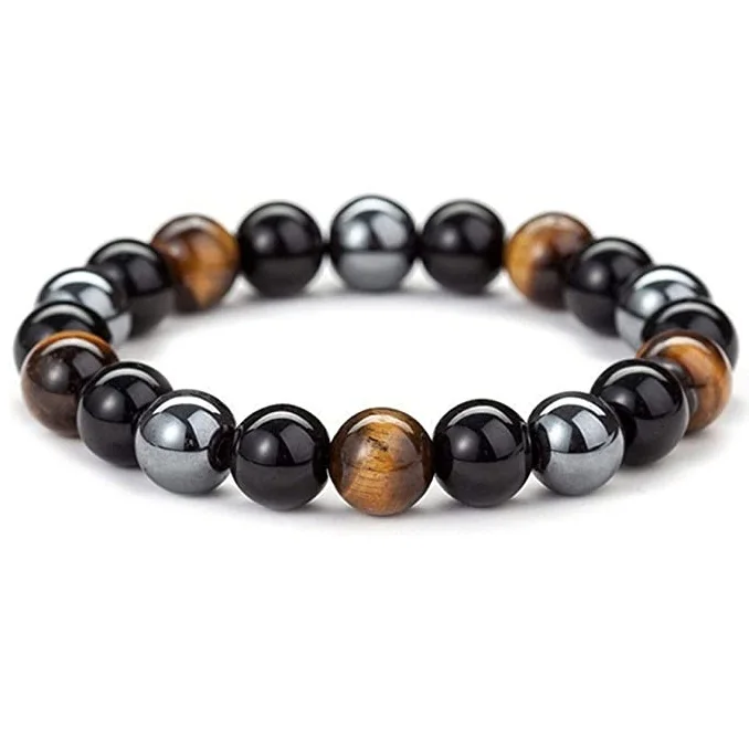 Triple Protection Bracelets Hematite Charm Beaded Tiger Eye Bracelet Reiki Healing Yoga Stretch Bracelet Chakra Natural Gold