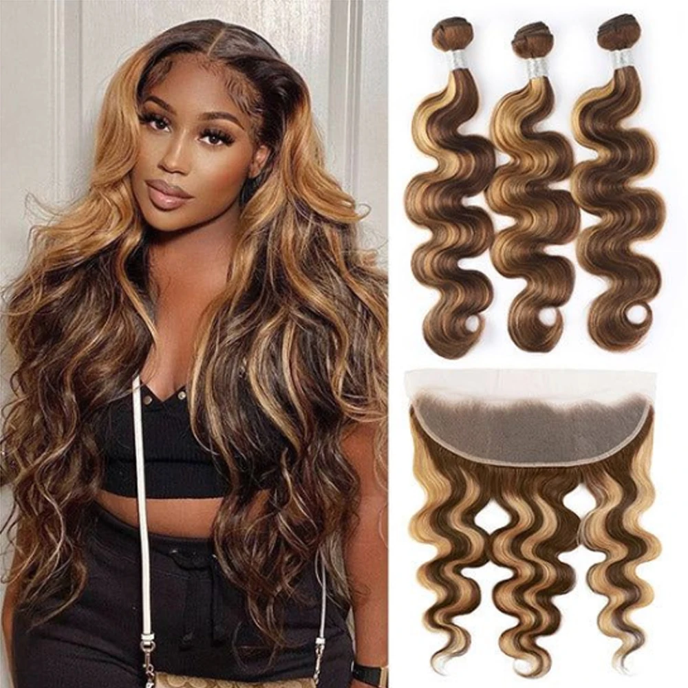 P4/27# Virgin Brazilian Hair 3 Bundles and Closure 100% Human Hair Bundles Highlight Piano Color Hair Extension With Frontal