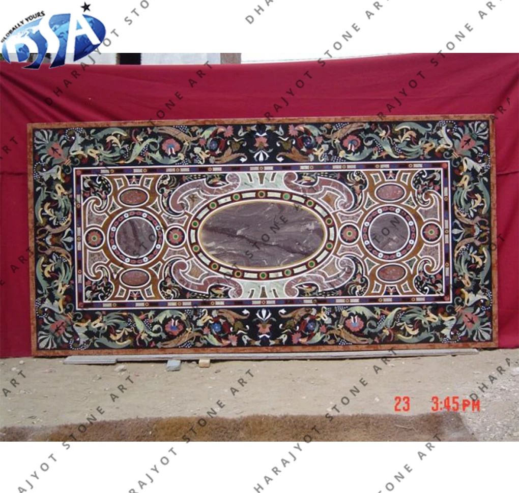 Indian Antique Art Marble Inlay Dining Table Top, Black Marble With Natural Stone Indian Design Table Tops