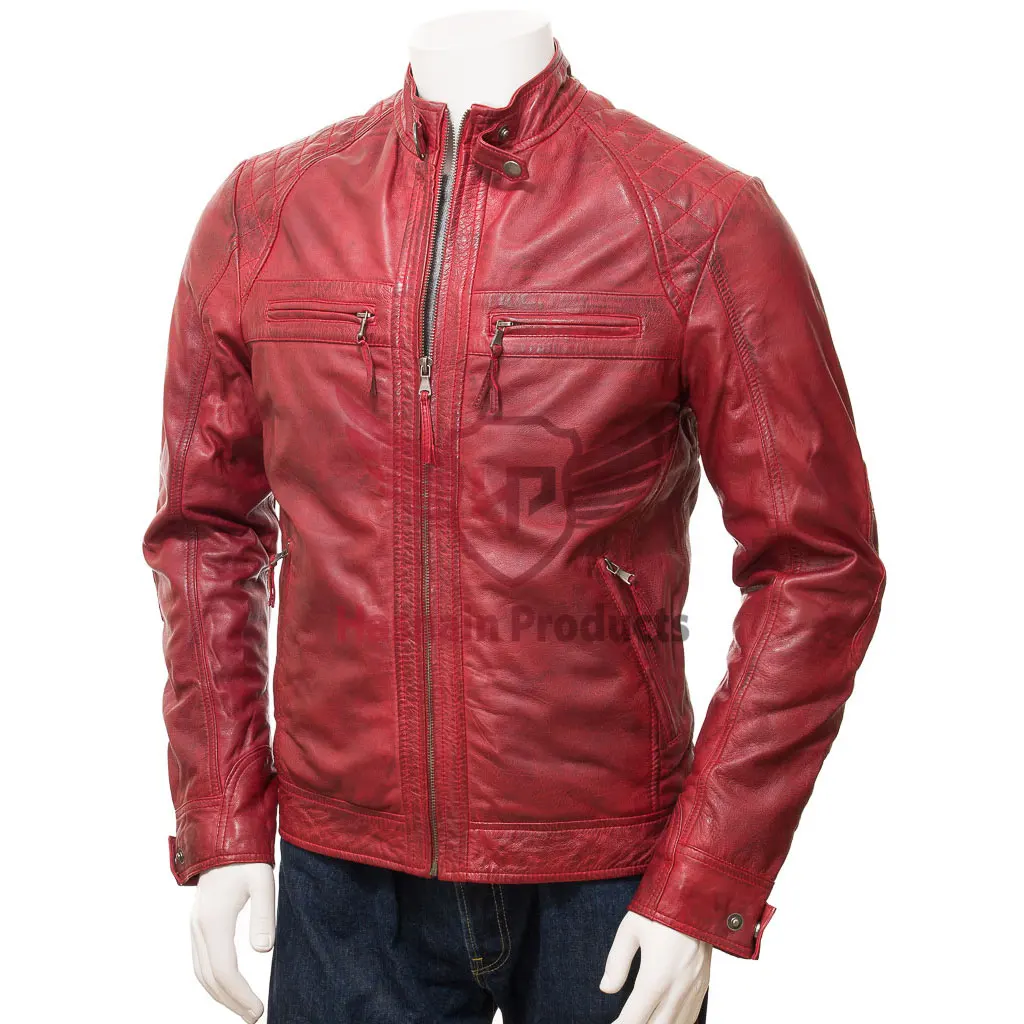 Red Leather Biker Jacket - Super Stylish Diamond Topstitch Detail, Adjustable Cuffs & Waist, Fully Lined Interior, 4 Zip Pockets