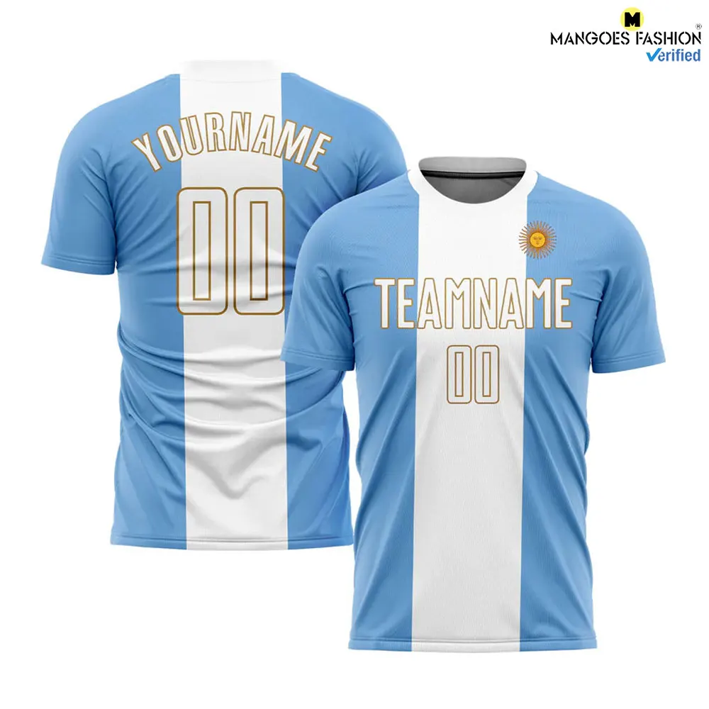 Custom Light Blue White-old Gold Sublimation Argentinian Flag Soccer Uniform Jersey Men Soccer Uniform Team Shirt Shorts