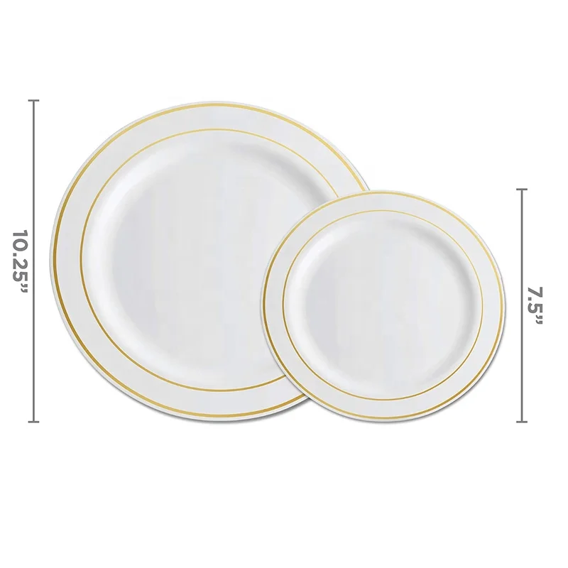 Round Plastic Dinner Plates Set Gold Rim Disposable Premium Heavy Duty Hard 10.25inch And 7.5inch Dishes Plates For Wedding Part