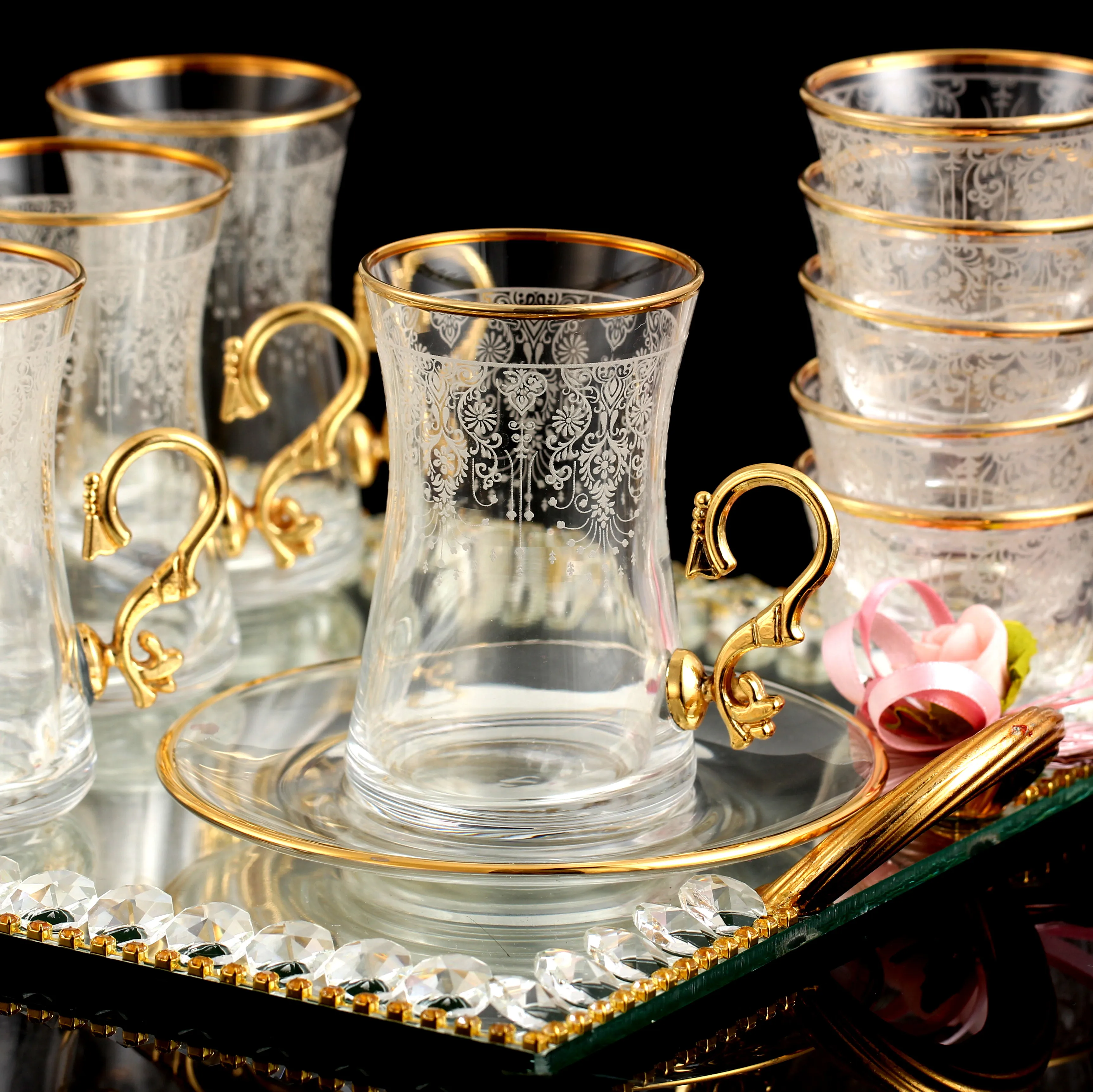 18 Pcs Turkish Tea and Arabic Coffee Set Screen Printed 24 ct. Gold rim April Design