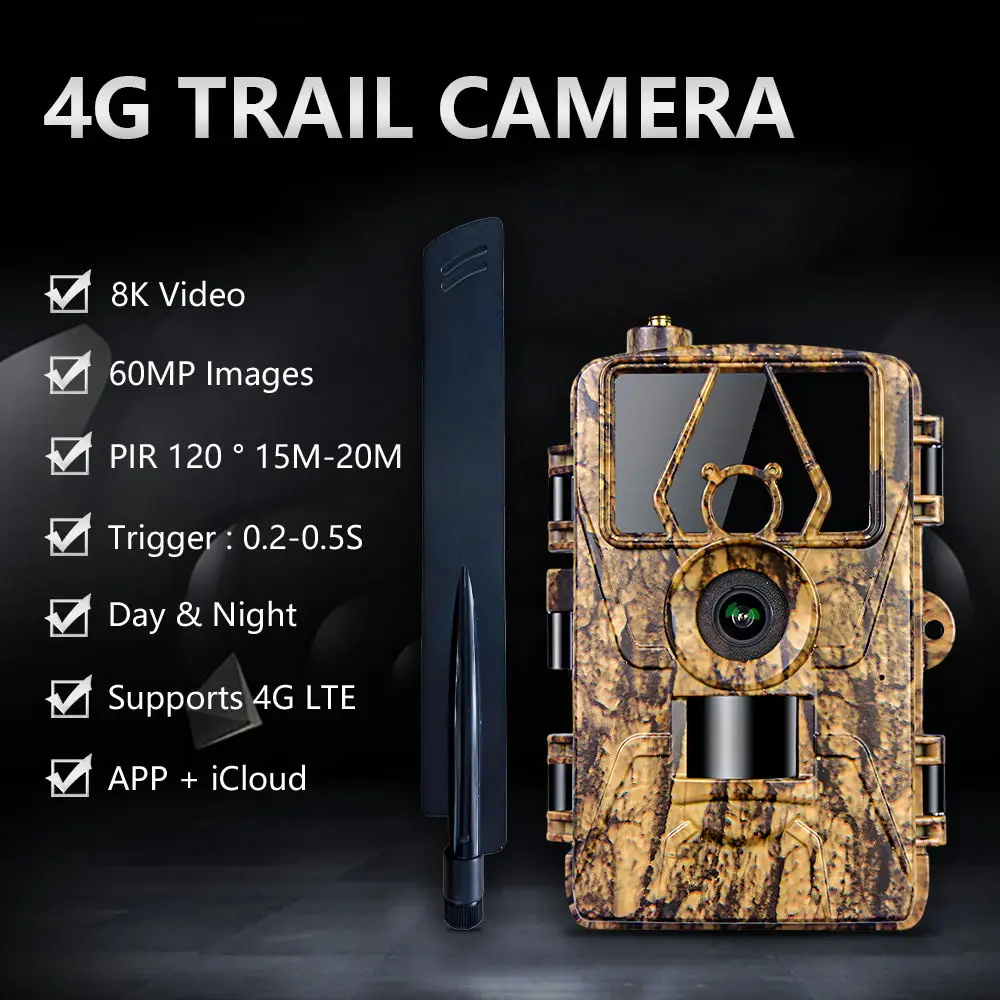 4G Hunting Camera LTE 60MP Photo 8K Video used in North US, South US, Europe, Australia Trail Camera 4G App check
