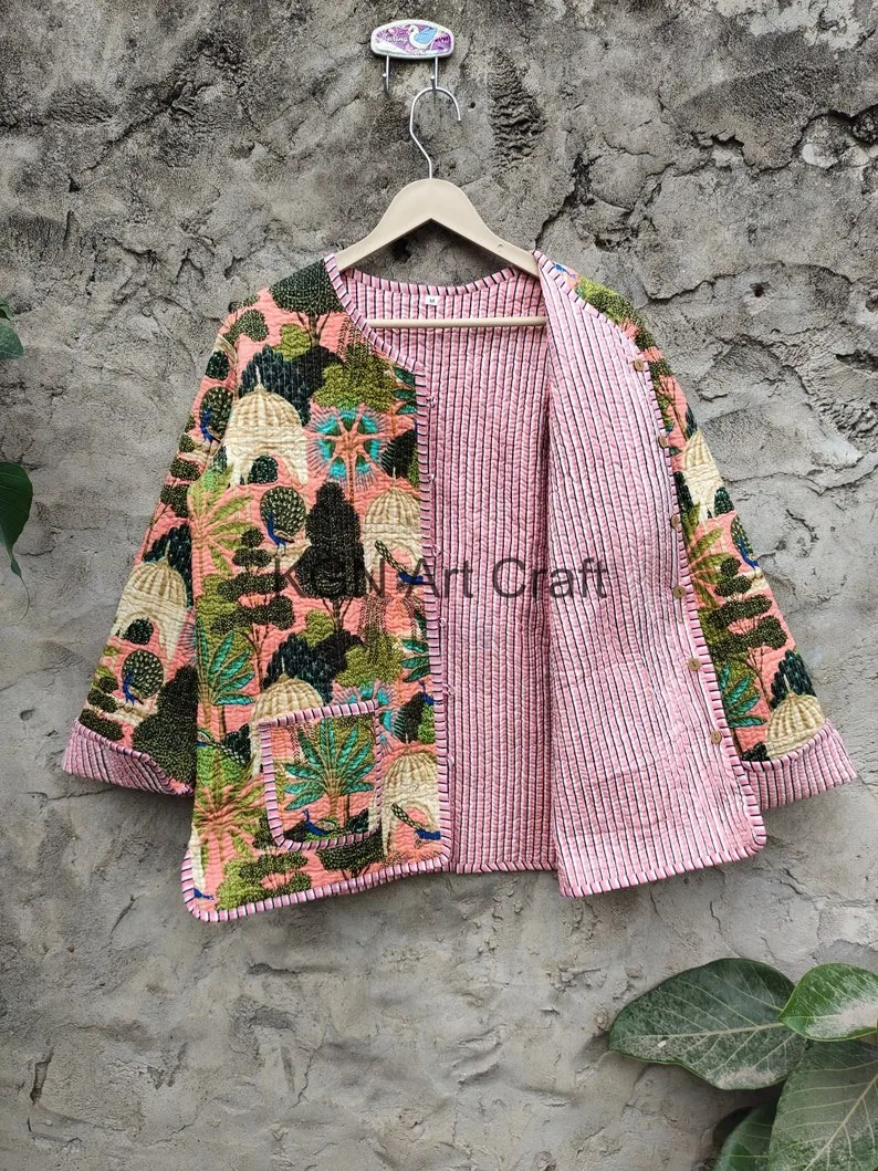 Indian Village Print Jacket Coat women Kimono Robe style Beach wear bohemian winter jacket Short Quilted kantha jacket gifts