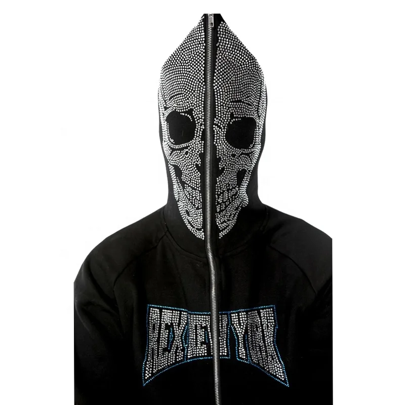 custom Logo 100% cotton French terry printed rhinestone black hoodies men blank oversized full face zipper zip up hoodie Custom