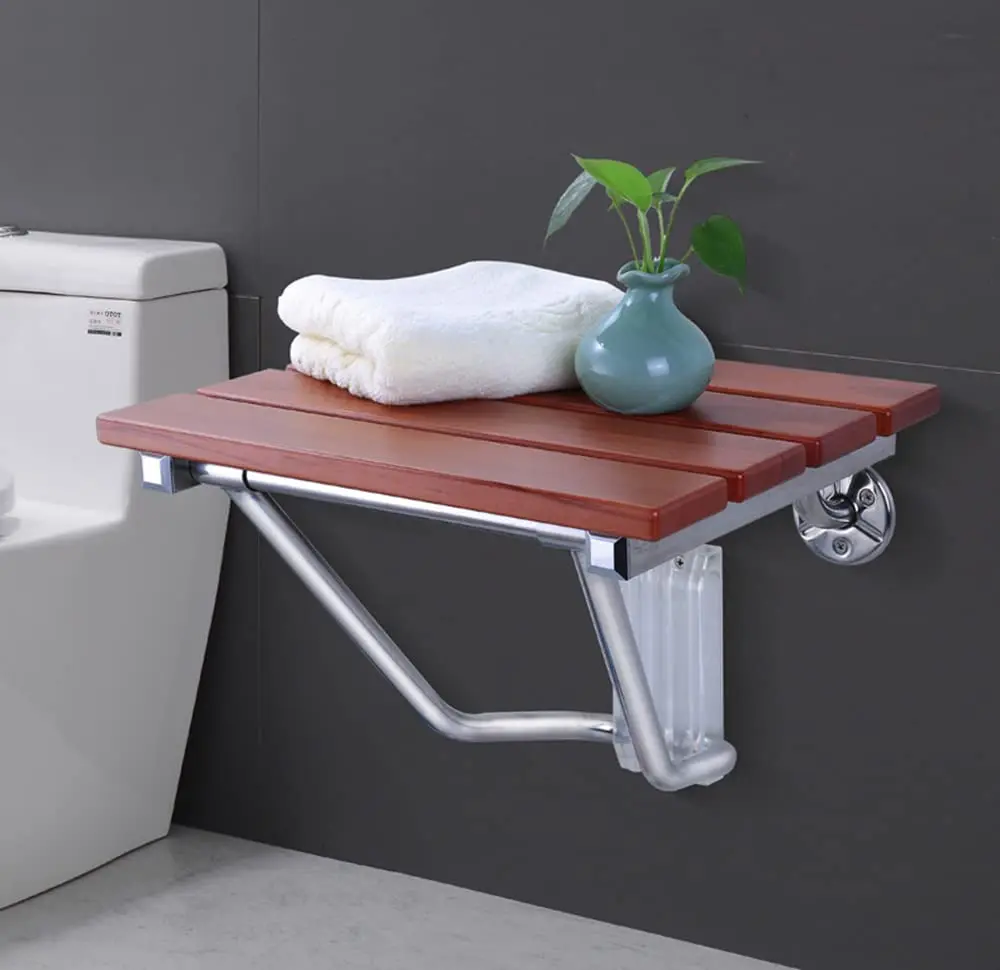 Folding Wall Mounted Teak Stainless Steel Folding Shower Chair Indoor Shower with Shower Chair for Elderly Disabled People