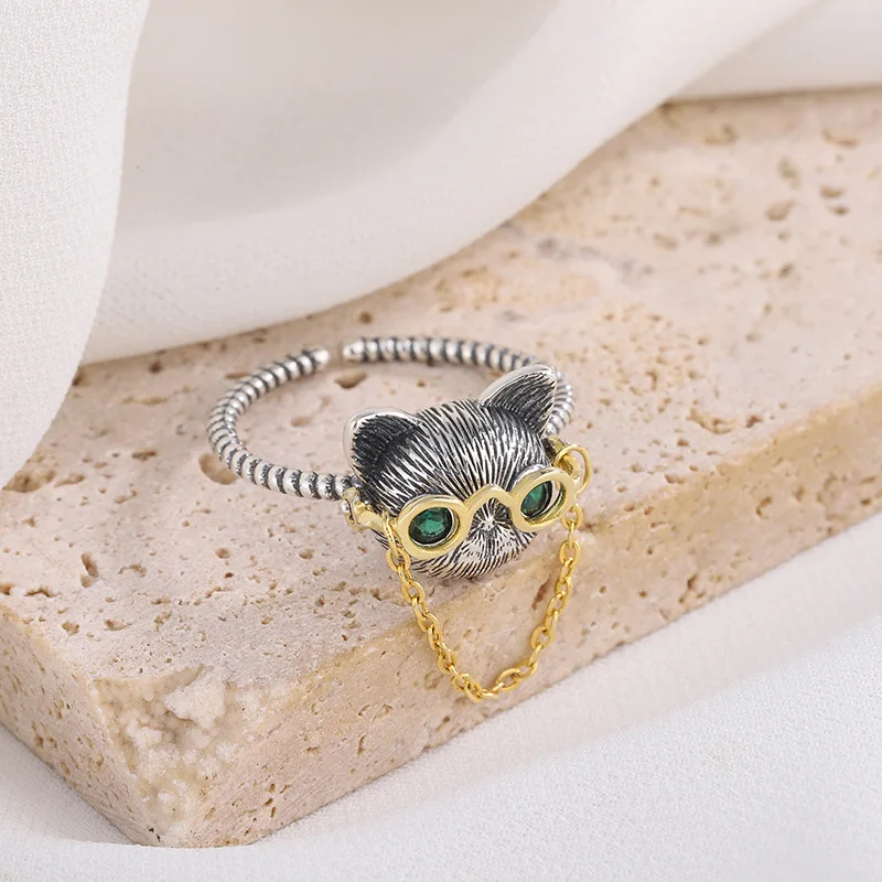 S925 sterling silver Dr. Cat glasses movable chain open ring for women retro green-eyed cat finger