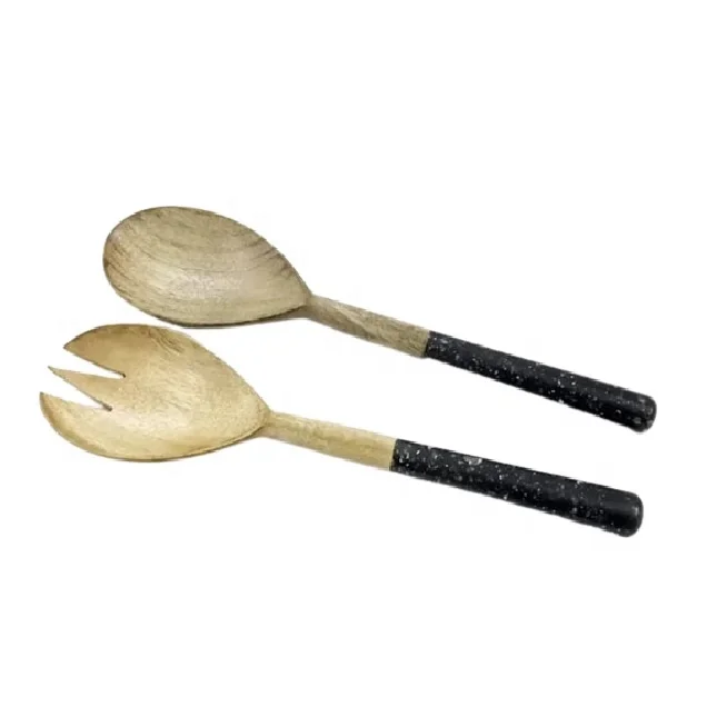 Wooden Salad Server Terrazzo Handle Acacia Wood Salad Server Spoon Set Steel Kitchen Fruit Vegetable Spinner kitchen gadgets