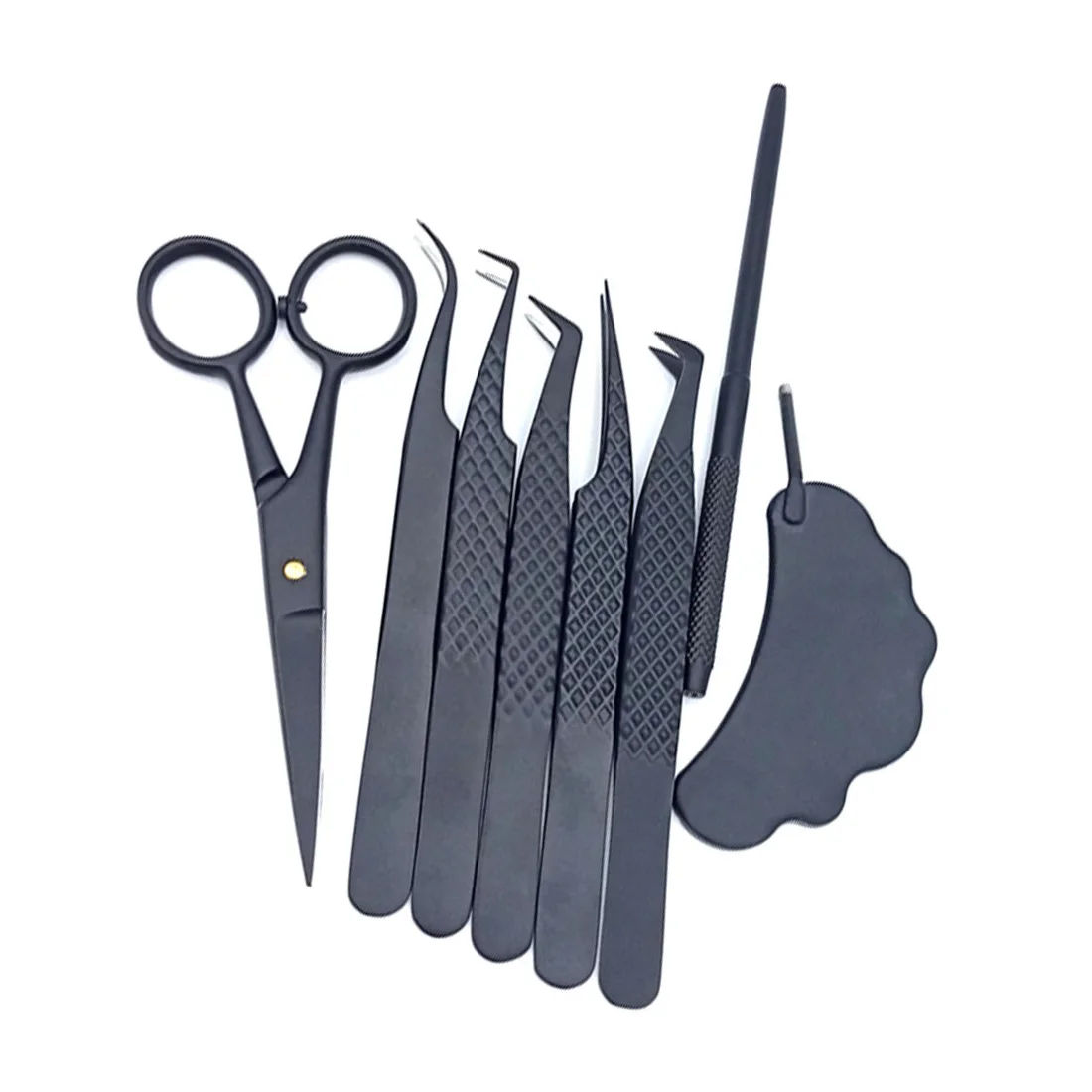 Matte Black Color Volume Boot Eyelash Extension Tweezers Set With Scissors Cloud Shape Mirror Handles Lash Tweezers