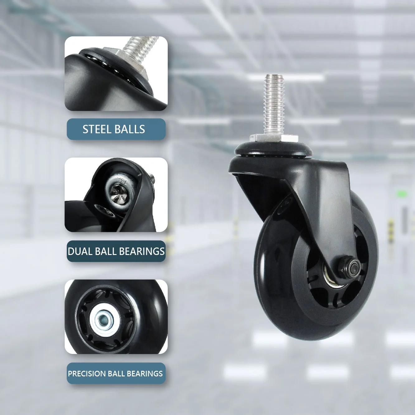 76mm PU Silent Wheels With Industrial 3/8 Threaded Stem Caster