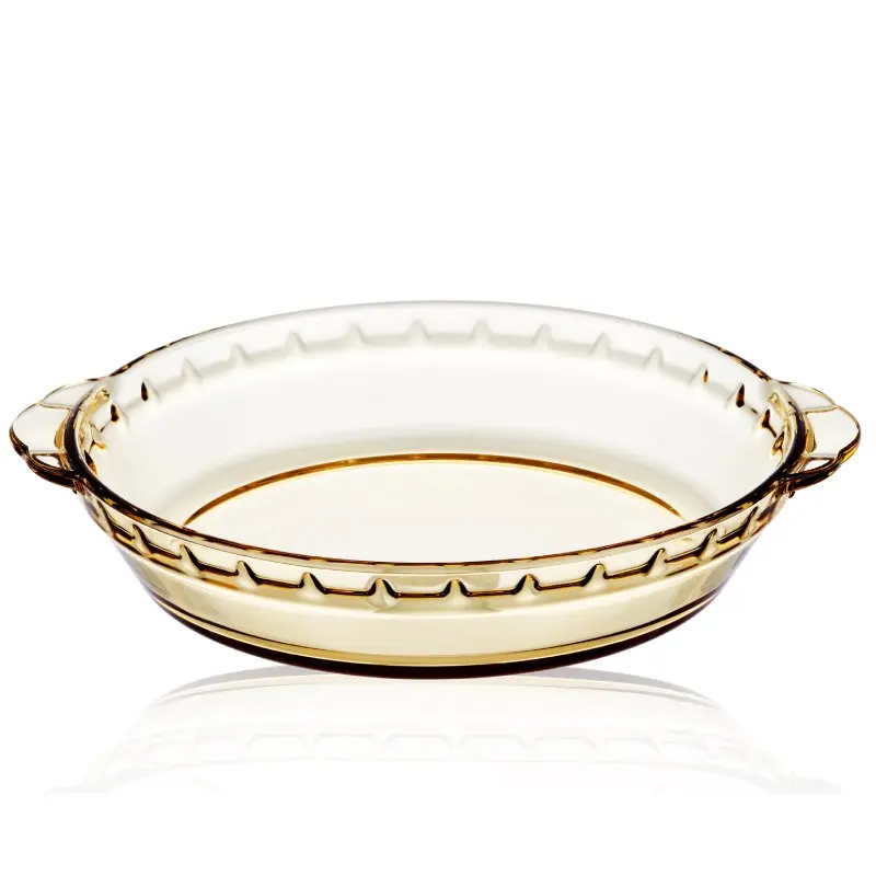 Linuo Best Selling Microwave Deep Round Pie Plate Dish Glass Pie Pan with handle for Baking for Fruit, Pumpkin, Holiday Pies