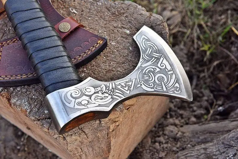 Forged Carbon Steel Viking Axe Hatchet Rose Wood Shaft Bearded Camping Axe