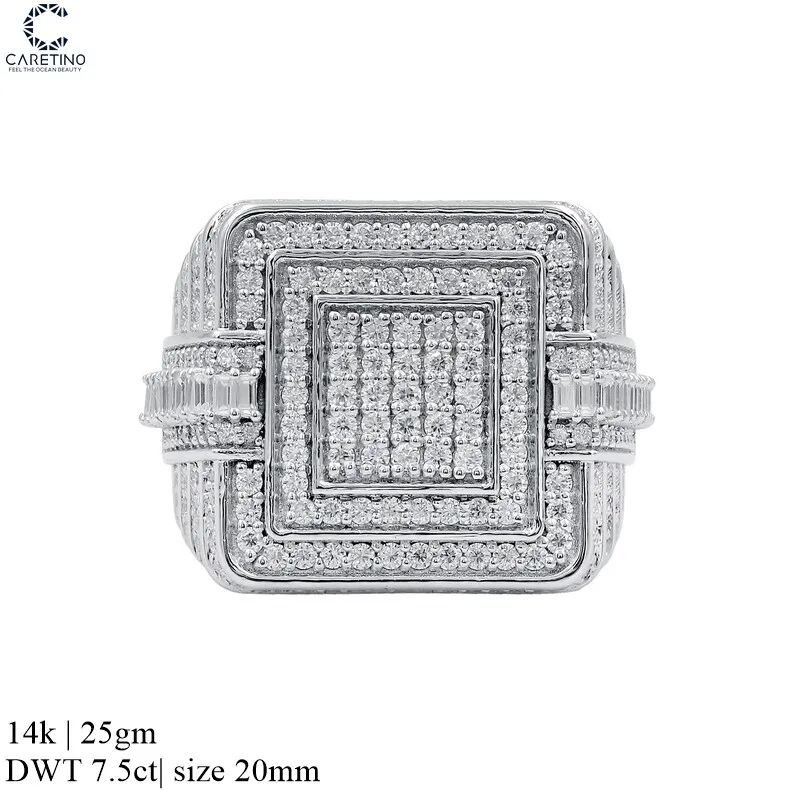 14k White Gold Hip Hop 8ct Ring Iced Diamonds Party Wear Wedding Jewelry Featuring Moissanite Pearl Stone Inlay Number Pattern