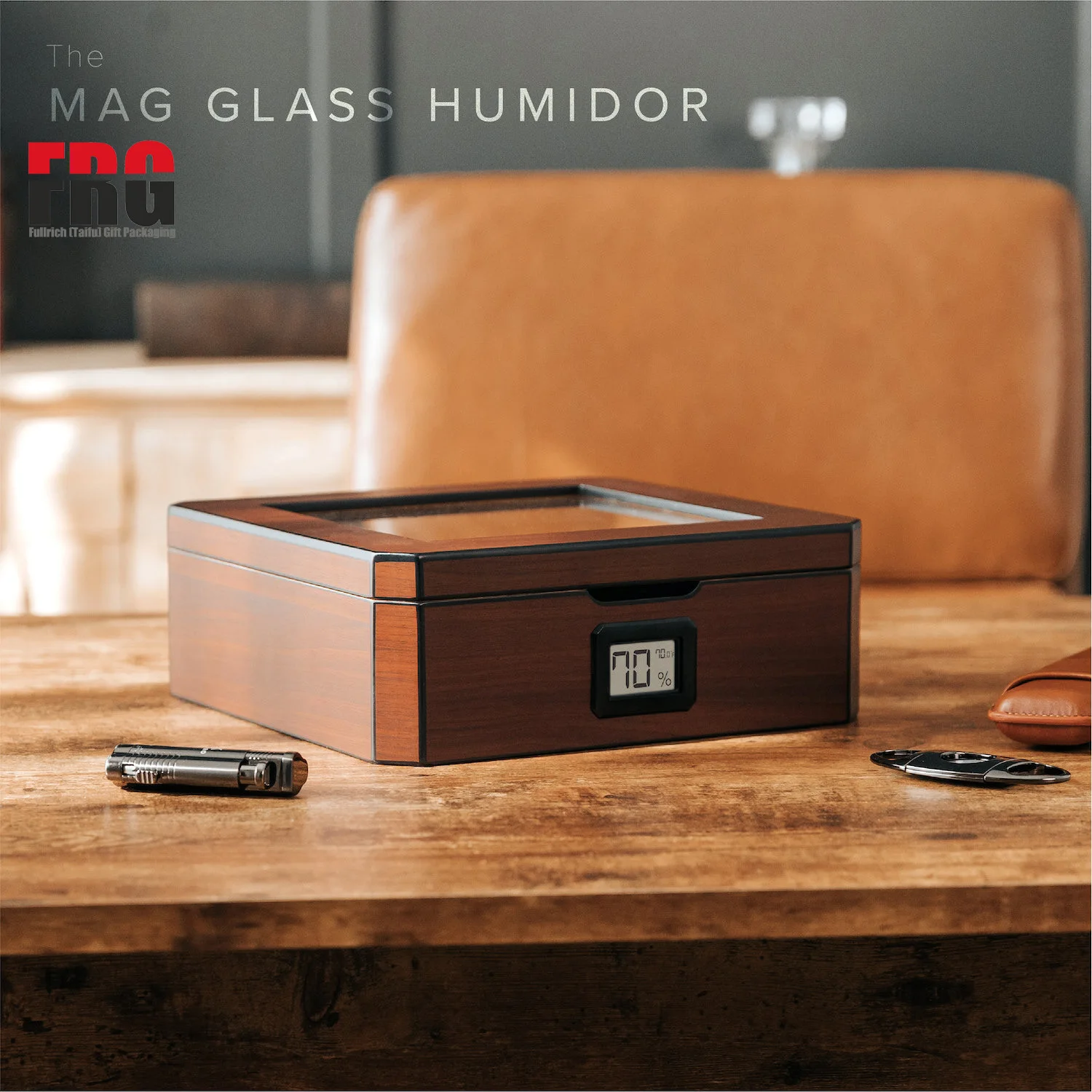 Walnut  Desktop Humidor Holds 20-30 Cigars Glass Top with Magnetic Seal Octagon shape Spanish Cedar Includes Humidor
