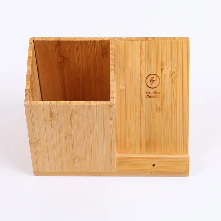 Fast Bamboo Desktop Wireless Charger Stand Station with Pen Holder and Clock