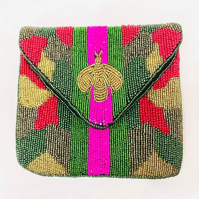 Antique Gretta Gray Camo Beaded Cross Body Chained Clutch Indian Handcrafted Camouflage Print Crystal Beaded Sling Clutch