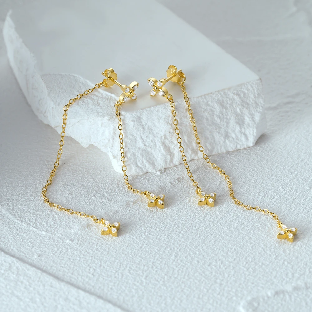 New Trendy Fine Jewelry Flower Diamond Chain Tassel Earring Gold Plated 925 Sterling Silver Earrings Long Drop