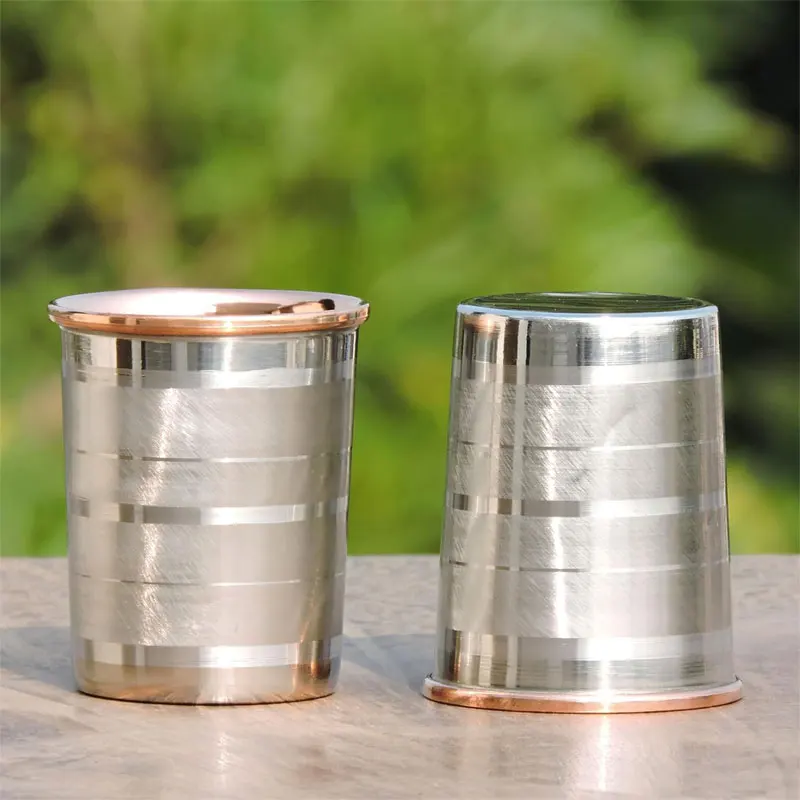 Set of 2 Stainless Steel Outer and Pure Copper Inner 250ml (8.45 fl oz) Capacity Tumbler with Glass Lining Pattern