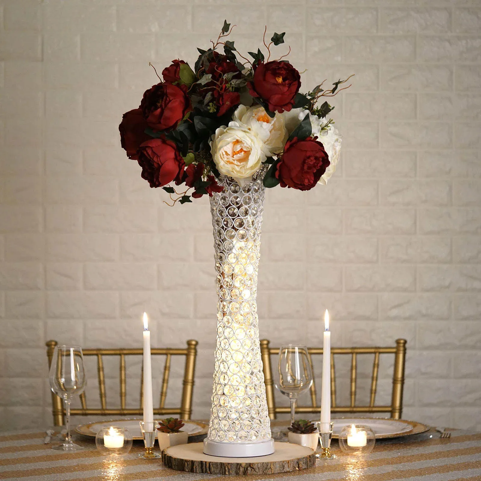 Crystal Beaded Flower Vase Decorated Artificial Flowers Arrangement Wedding Centerpiece Tabletop Flower Vase