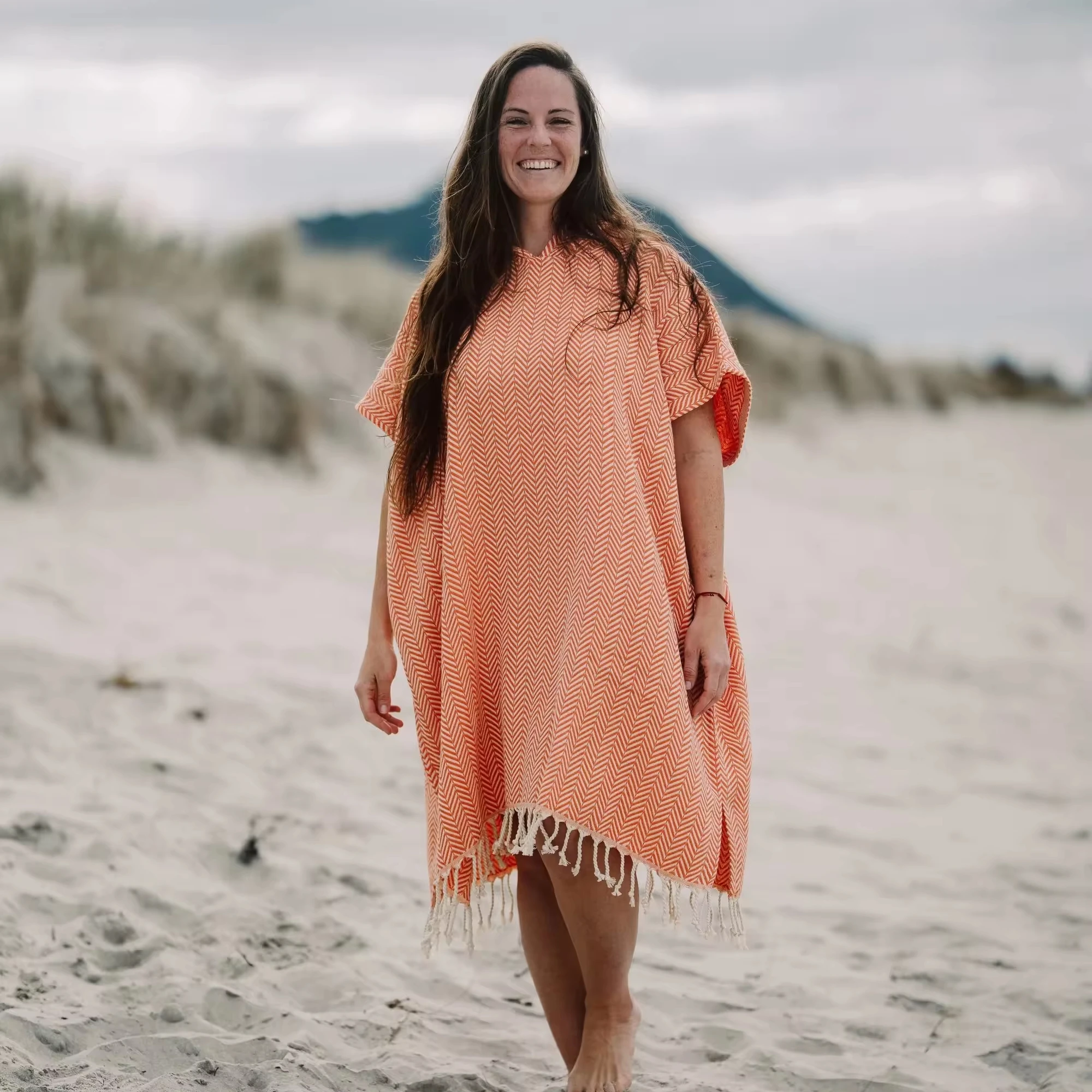 Orange Soft-Touch Hooded Cotton Surf Poncho Quick-Dry Oversize Woven Turkish Beach Towel for Beach Changing Robes