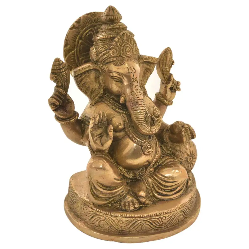 Handmade Indian Brass Golden Bronze Charbhuja Ganesha Sculptures Figurine Statue Home Decor Gift Items Size: 17 x 13 cm SMG-486