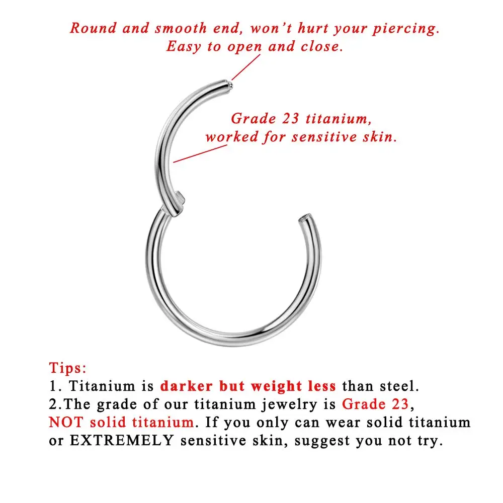 Grade 23 Titanium Body Piercing jewelry Nose Ear Lip Septum Rings Hinged Segment 20G-10G 5mm-16mm Silver Gold Plated Black 12g