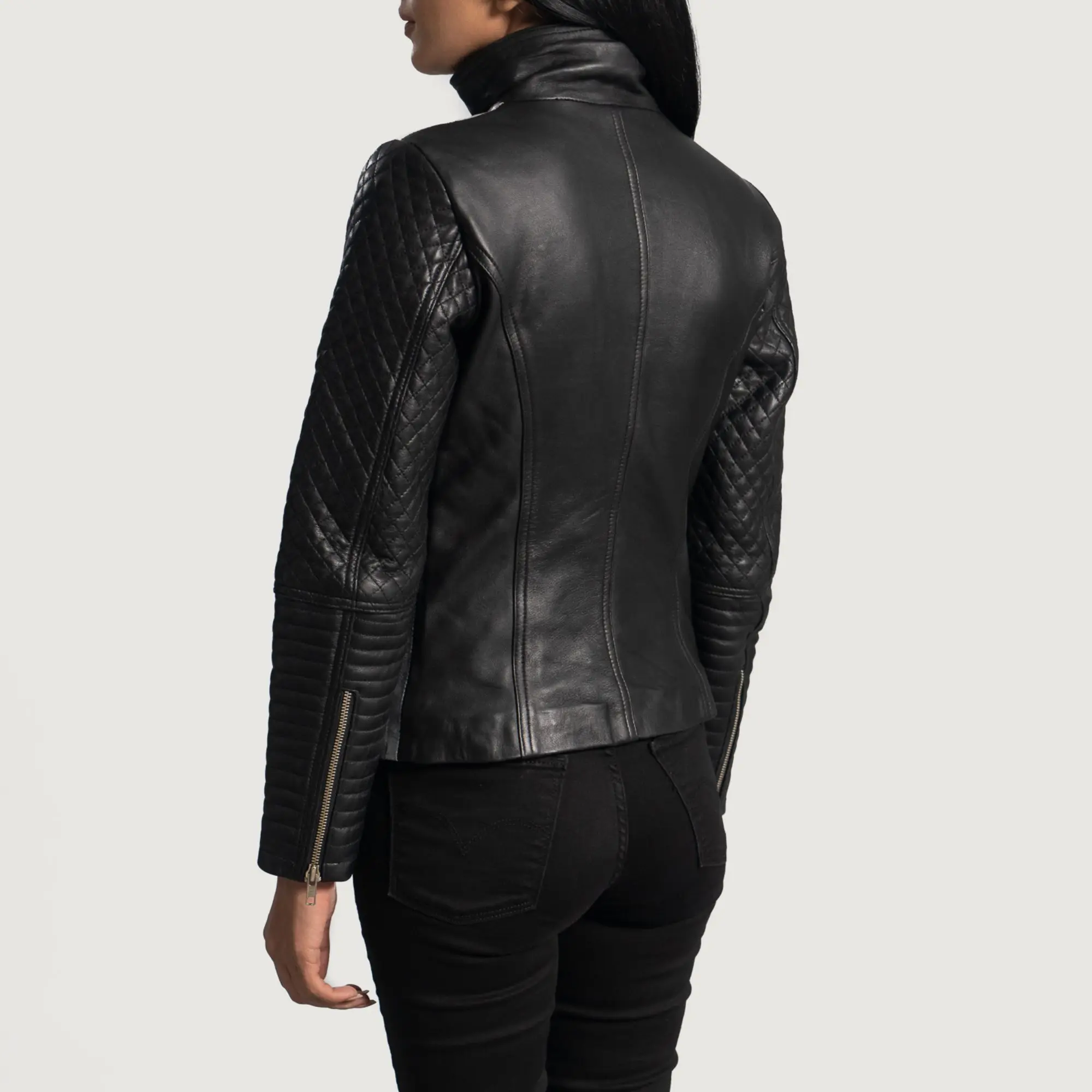 Real Leather Sheepskin Aniline Zipper Alia Metallic Black Women Biker Jacket with Quilted Viscose Lining and Inside Outside Pock