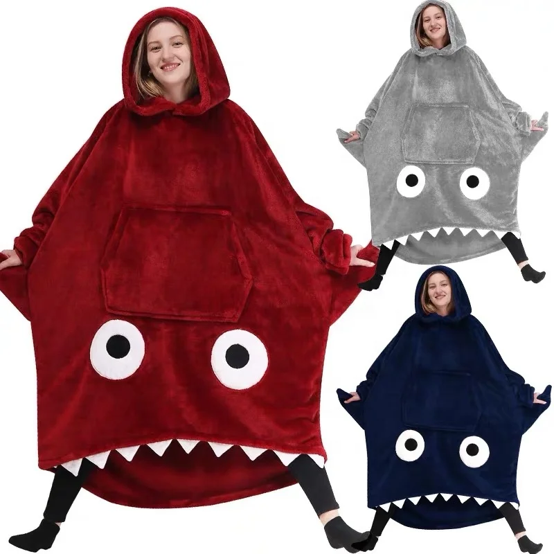 Shark pajamas hooded lazy clothes hoodie couple thick long anti cold clothes warm pajamas ladies holiday gift