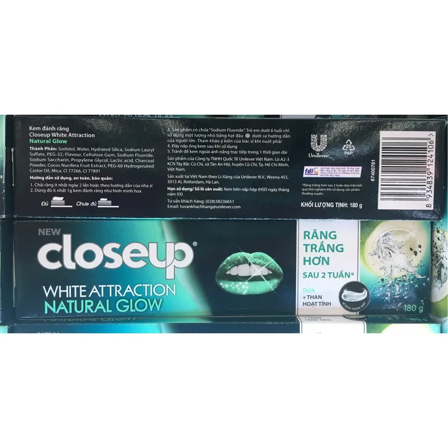 Vietnam supplier CLOSEUP WHITE ATTRACTION GLOW toothpaste 180g with coconut & activated charcoal flavor cool