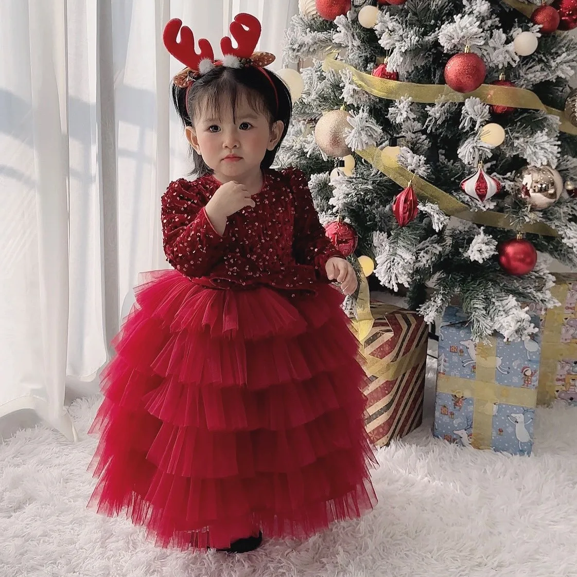 Winter Velvet Dress Velvet embroidered sequins mesh long-sleeved warm and beautiful dress for girls Vietnam 12 Old High Quality