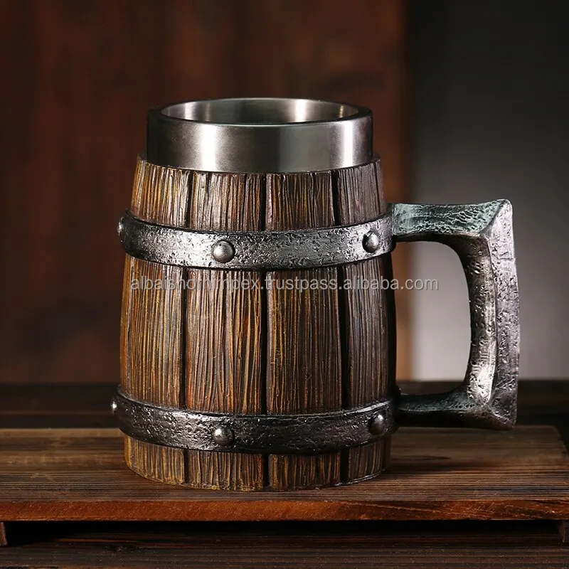 Beer Mug for wine vintage barrel  wood mug cup handmade Bamboo custom size logo Large with stainless steel double wall