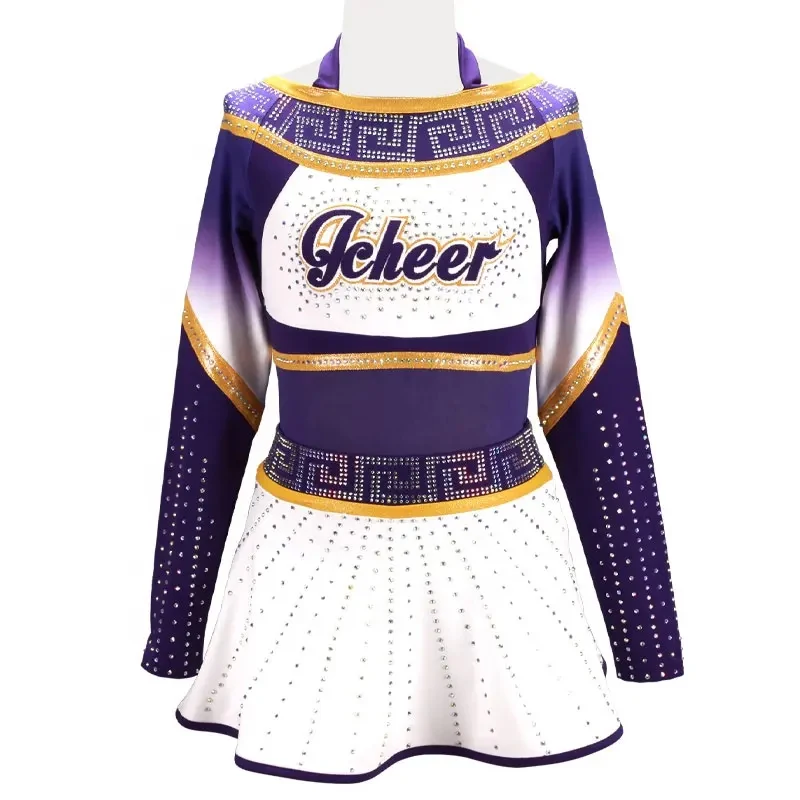 Custom Cheer Dance Outfit Sublimation Rhinestone Cheerleading Uniforms Polyester Satin Cheerleader Costume