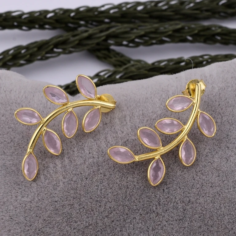 Gold Plated Rose quartz Chandelier Earrings Handmade Jewelry Low Price Sterling Silver Trendy 10 Pairs