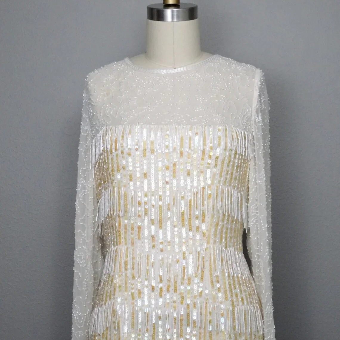 Iridescent Sequined Fringe Beaded Dress // Vintage Sheer Silk Embellished Fringed Dress // Pearl White Beaded Ivory Sequin Dress