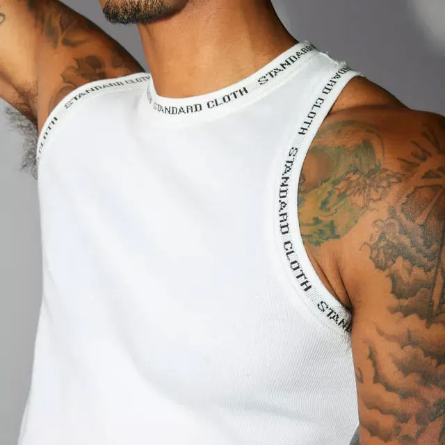 Custom Standard Cloth Logo White Cotton Men Cop Stringer Running Gym Rib Tank Top