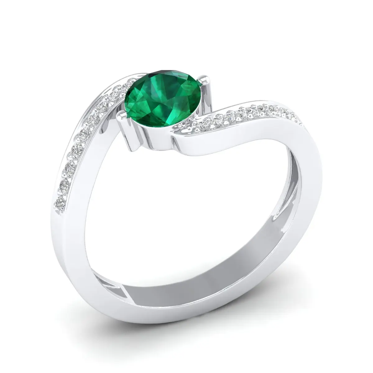 REYES Elegant Designs 14K White Gold Moissanite Engagement Rings with Green Emerald Gemstone Wedding Ring Women Fine Jewelry