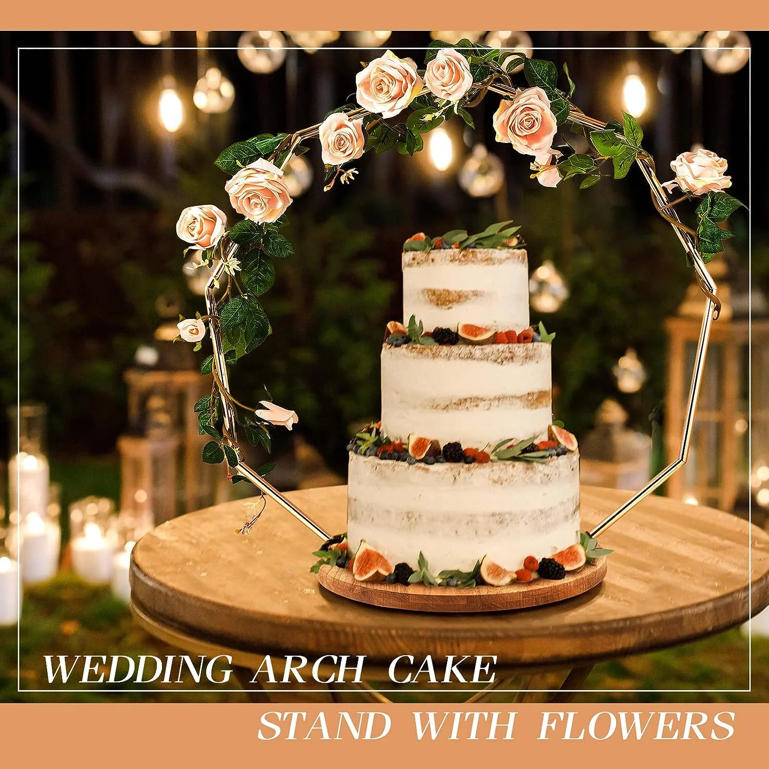 Chunlei OEM Puesto de pasteles Wedding Arch Cake Stand with Artificial Pink Rose Garland Geometric Gold Wedding Cake Stand