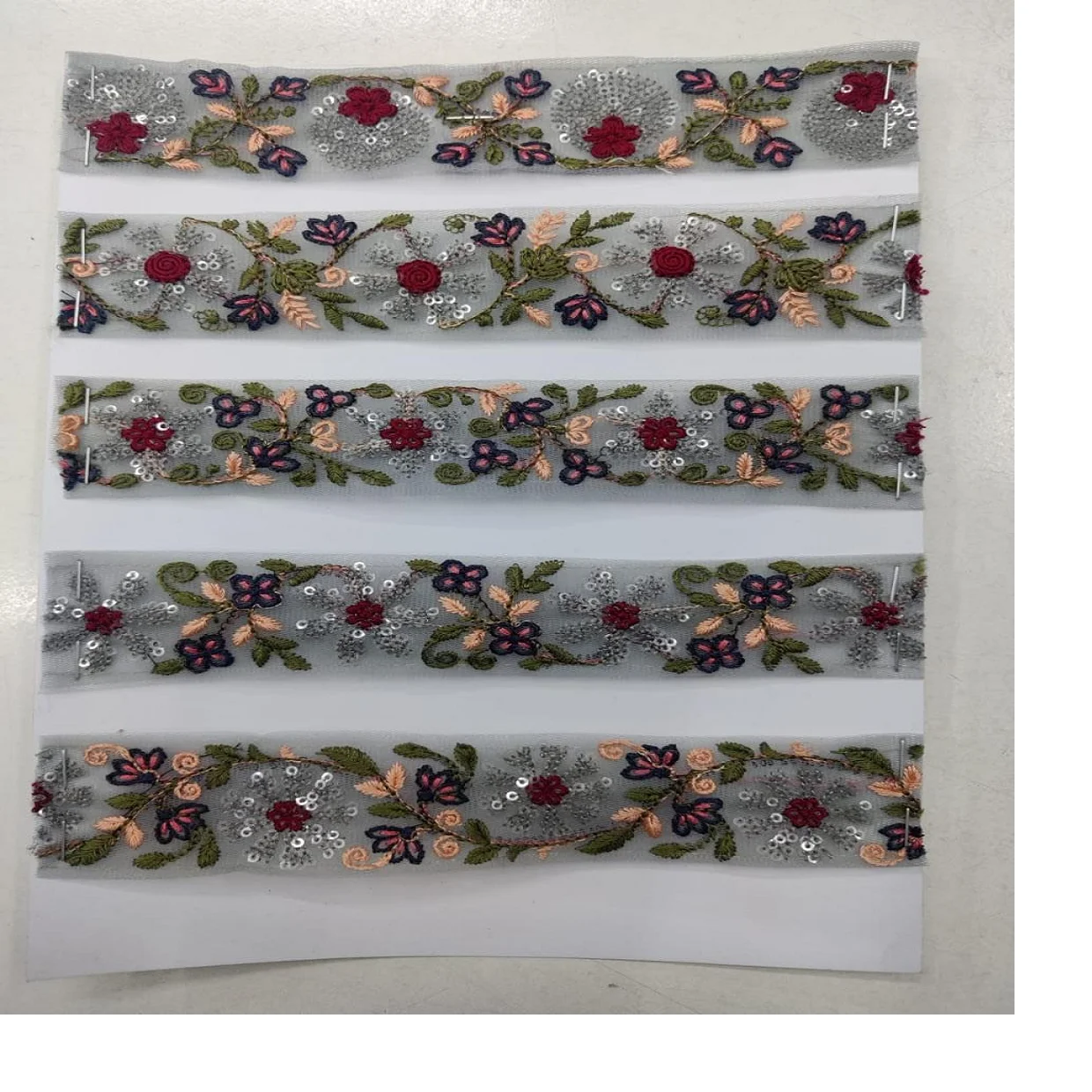 custom made embroidered thread work laces with multi coloured options in sequins embroidery in 1.5 inch width in floral design.