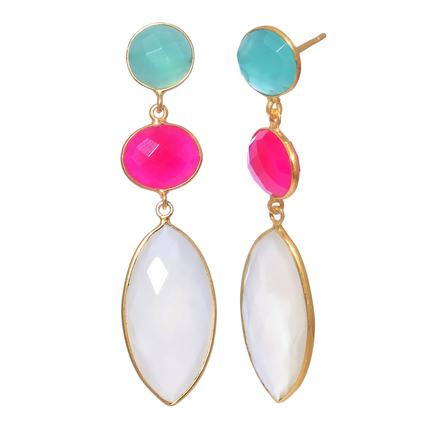 Charming Party Gold Plated Wedding Natural Multi Chalcedony Gemstone 925 Sterling Silver Drop Long Women Fashion Earring Jewelry