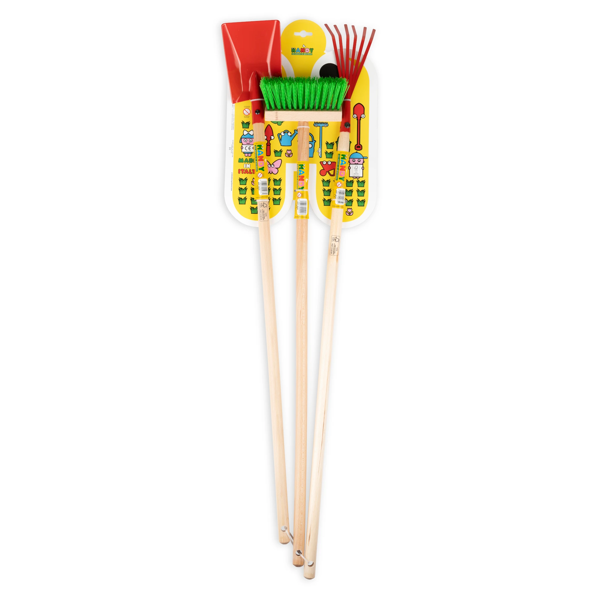 Top quality set of tools for children in steel and wood kids broom lawn rake shovel for playing in the garden or sand
