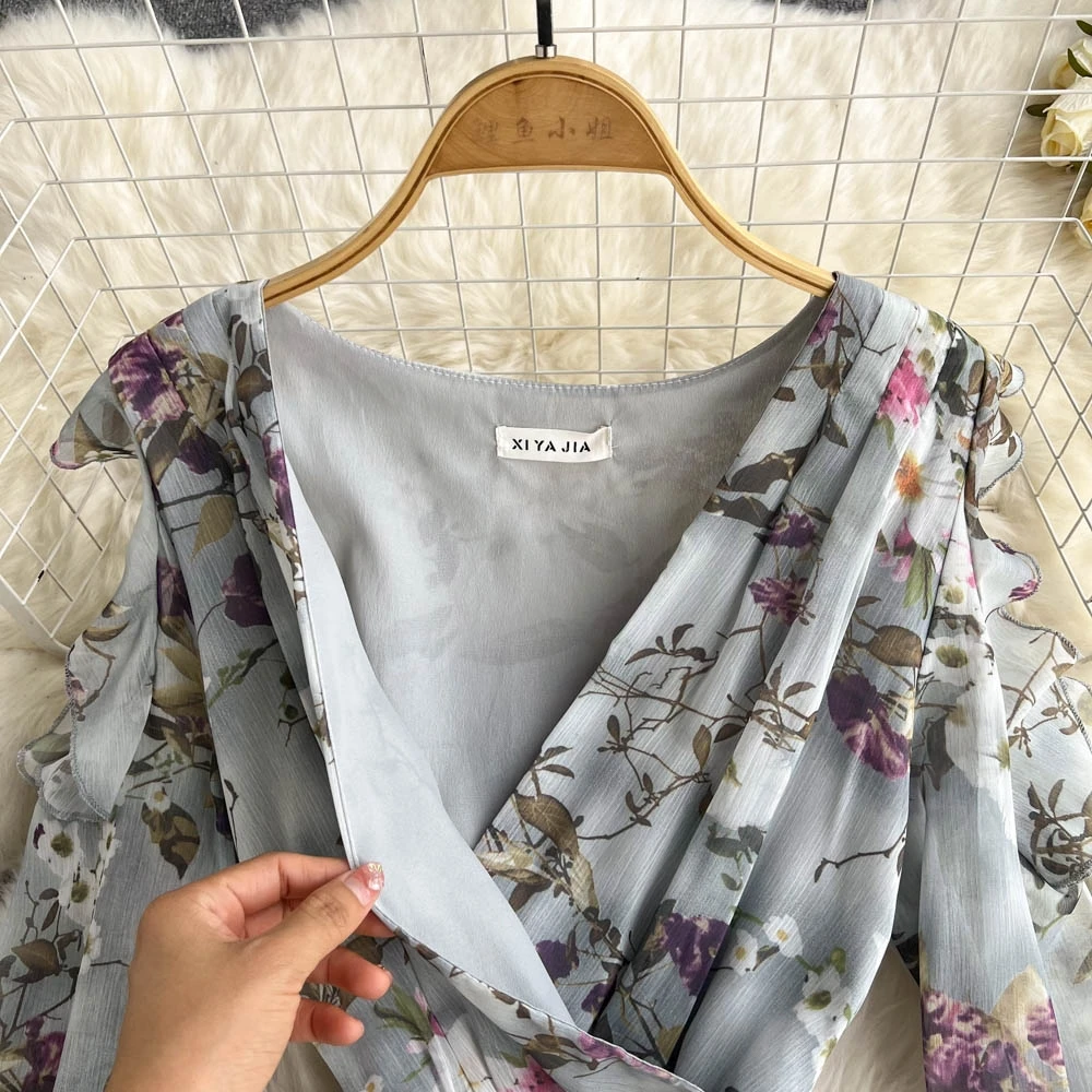 Long Sleeve O-Neck Solid A-Line Dress Autumn Floral Print High Waist Maxi Dress Ladies Elegant Dresses Clothes Women Wholesale