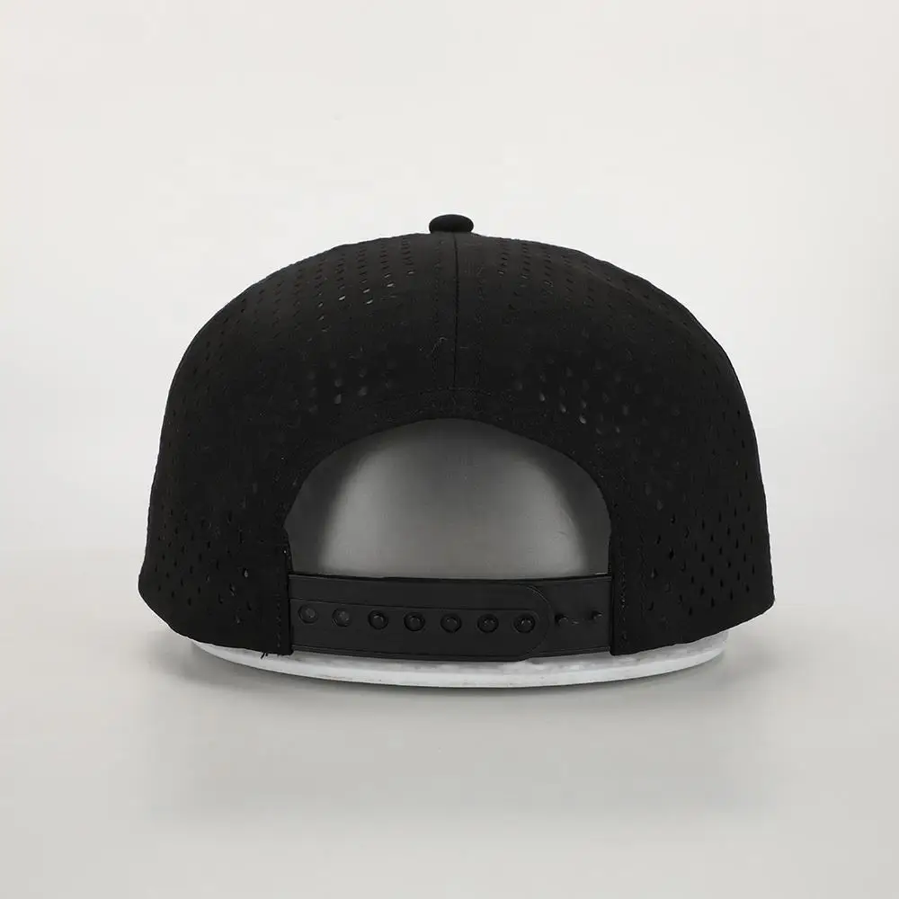 5 Panel Adjustable Waterproof Golf Cap Custom Pu Leather Logo Patch Laser Cut Hole Sun Protection Mesh