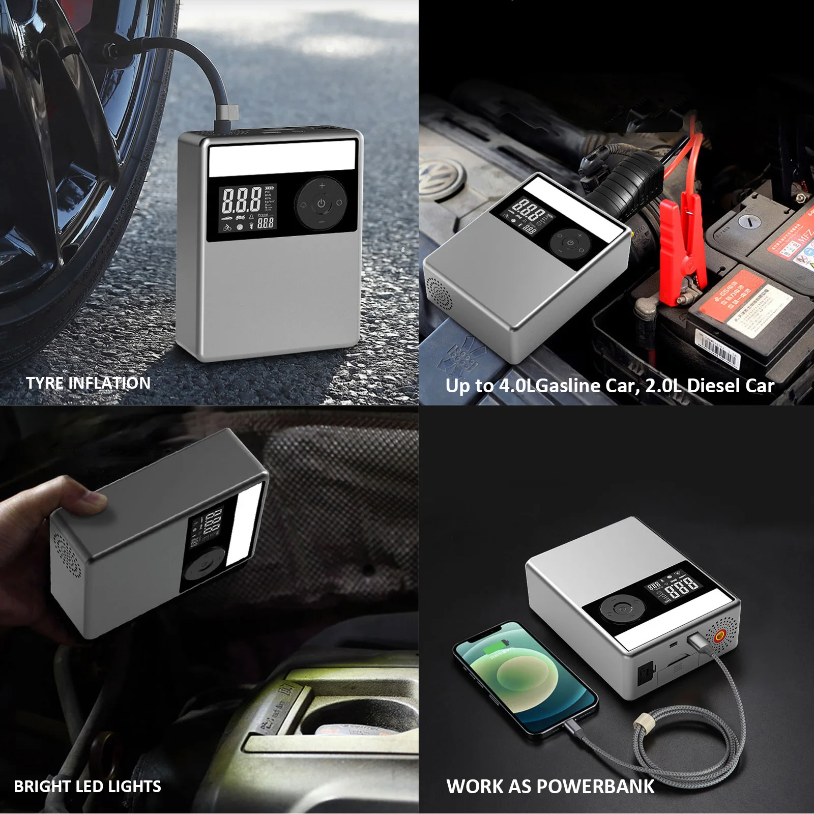 jumpstarter arrancador de coche portatil bateria power bank portable car battery charger jump starter with air compressor