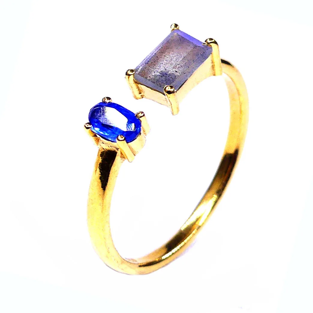 Shining 925 Sterling Silver Gold Plated Kyanite Labradorite Gemstones Trendy Fashion Finger Adjustable Ring